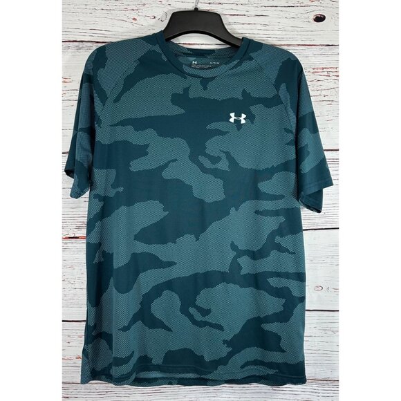 Under Armour Camo Loose Fit Short Sleeve Mens Tee XL Polyester/Spandex Teal/Gree - Picture 1 of 10